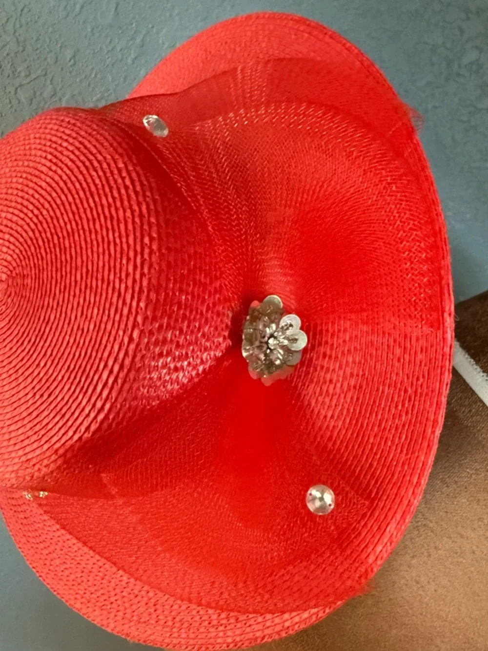 Red Decorative Wide-Brim Straw Hat rhinestones mash, bow Derby red hat Society